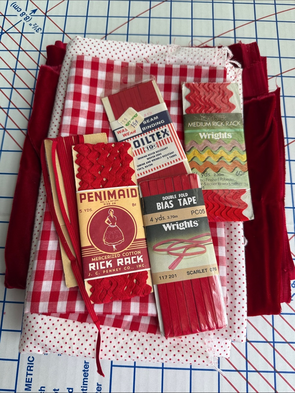 Vintage Red Fabric Remnant & Sewing Trim Lot Velvet Gingham Polka Dot Rick Rack